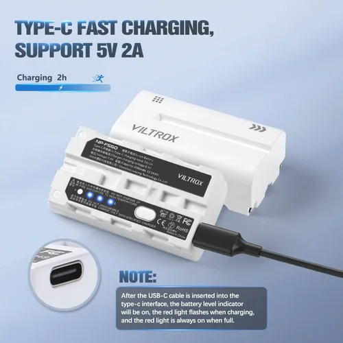 Vista 4 de VILTROX Batería de iones de litio NP-F550, 1 paquete (2200 mAh), repuesto para Sony NP-F550 F570 F750 F770 F950 F960 F970, compatible con luz LED
