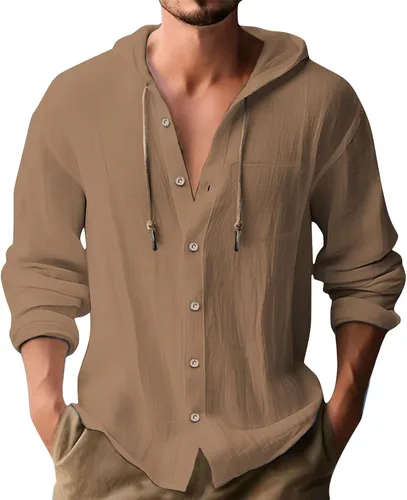 Vista 15 de Camisas de lino para hombre, casual, con botones, de verano, algodón, lino, con capucha, para playa, manga larga, con capucha