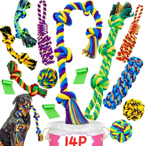 Vista 9 de SHARLOVY - Juguetes para perros grandes y masticadores agresivos Indestructible XL Durable Dog Toy,5-Knot Rope Tug,Heavy Duty Chew Sturdy Cotton