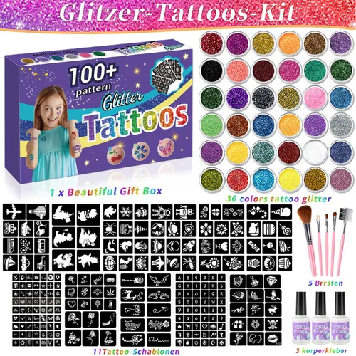 Vista 2 de Kit de tatuajes temporales con purpurina para niños, 36 colores de purpurina, 222 plantillas, 3 pegamento, 5 pinceles, kit de purpurina artística