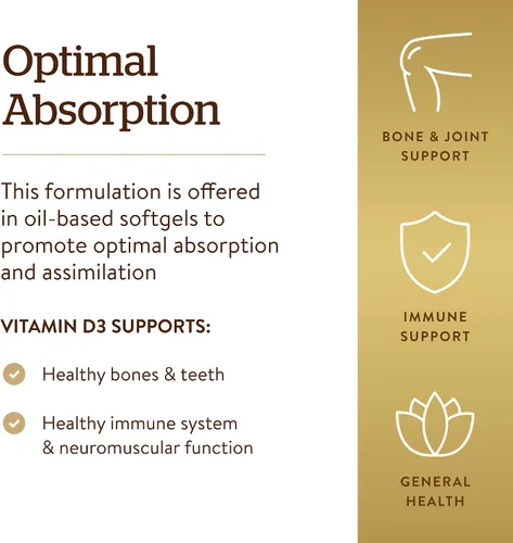 Vista 4 de Solgar - Vitamina D3 (colecalciferol) 125 MCG (5000 UI), 100 cápsulas blandas - Ayuda a mantener huesos y dientes sanos - Apoyo al sistema