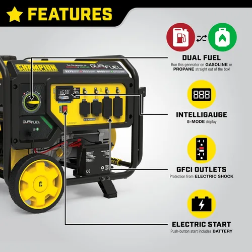 Vista 2 de Champion Power Equipment Generador portátil de respaldo de combustible dual de 9375 vatios con escudo de CO