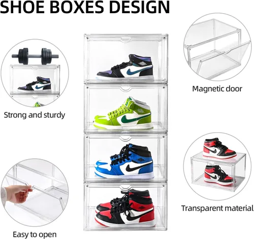Vista 3 de Organizador de zapatos transparente, estuche apilable para zapatos, cajas de almacenamiento con puerta magnética, se adapta a tamaños de zapatos