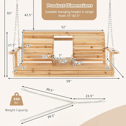 Vista 8 de Giantex Columpio colgante para porche al aire libre – Banco de columpio de madera de 2 asientos con portavasos plegable y cadenas colgantes de metal