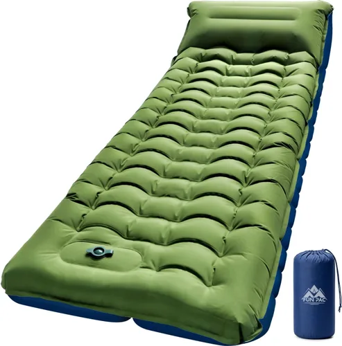 Vista 10 de FUN PAC Almohadilla de dormir para acampar con almohada Bomba de pie incorporada Esterilla de dormir inflable compacta para acampar mochilero Azul