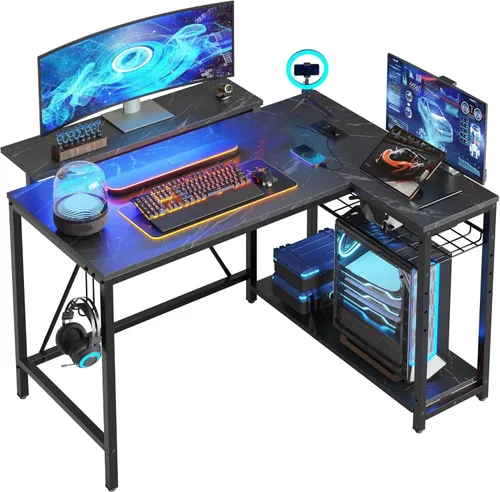 Vista 11 de Bestier - Escritorio de juegos con tomas de corriente, escritorio para computadora de 42 pulgadas en forma de L con luces LED, escritorio
