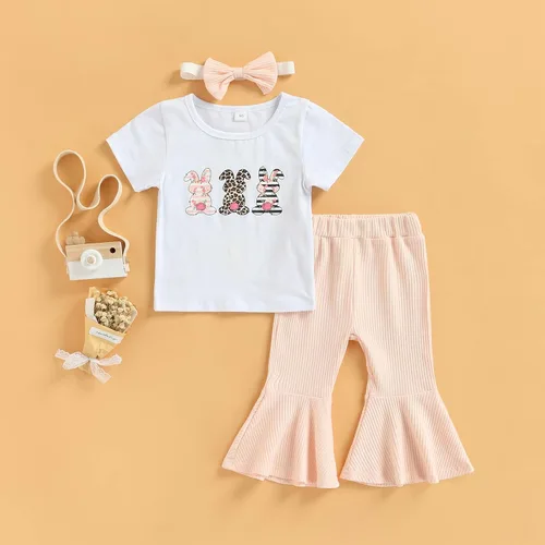 Vista 32 de Eadrioss Ropa para bebé niña pequeña, traje de campana de manga corta, camisa de flores para niños, pantalones florales acampanados, ropa de verano