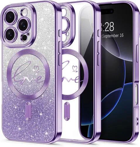 Vista 154 de Hython Funda para iPhone Air con purpurina, compatible con MagSafe Love Heart fundas magnéticas transparentes para teléfono para mujeres y niñas