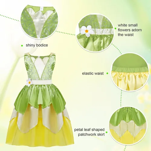 Vista 4 de COTRIO Vestido de princesa de rana de hada verde para niñas, fiesta de cumpleaños, disfraces de elfo de Halloween con accesorios