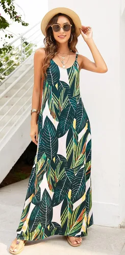 Vista 3 de Supnier - Vestido largo de verano para mujer, vestido flora, informal y bohemio con cuello en V, sin mangas, con tirantes delgados y bolsillos