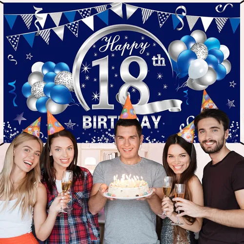 Vista 5 de Cartel de cumpleaños número 18 azul y plateado para hombres y niños, suministros de fiesta de telón de fondo de feliz cumpleaños de 18 años, póster