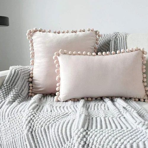 Vista 16 de vctops Funda de cojín lumbar con pompones, de terciopelo suave, sólida, decorativa, para sofá, dormitorio o automóvil, 1 pieza