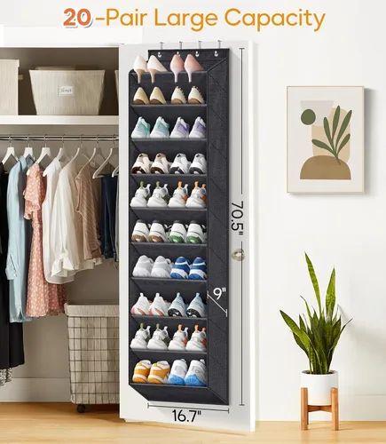 Vista 2 de KIMBORA Organizador de zapatos de 10 niveles sobre la puerta con bolsillos grandes, estante colgante para guardar zapatos en el armario, para 20
