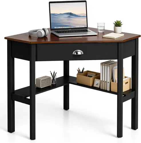 Vista 13 de Tangkula - Escritorio esquinero para computadora, mesa compacta de madera Negro