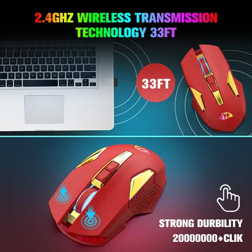 Vista 3 de FELICON Mouse inalámbrico para juegos recargable con retroiluminación RGB arcoíris, sensor óptico de 3 niveles DPI, mouse ergonómico
