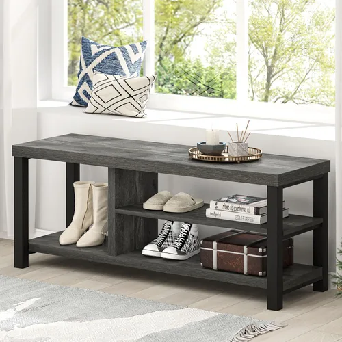 Vista 12 de EXCEFUR Banco de entrada, moderno banco de almacenamiento de madera y metal para pasillo, puerta delantera, zapatero industrial para interiores