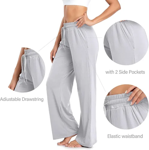 Vista 5 de ADANIKI Pantalones deportivos para mujer, pantalones de yoga con bolsillos para mujer, pijamas de trabajo, pantalones de pierna ancha con cordón