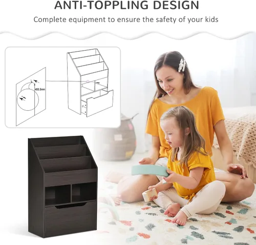 Vista 6 de HOMCOM - Estantería para niños, organizador de varios estantes con cajón de almacenamiento, color marrón para libros, sala
