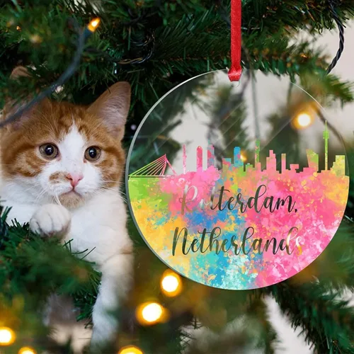 Vista 3 de Países Bajos Rotterdam Adornos de Navidad Países Bajos Rotterdam Acuarela Arte Paisaje urbano Adorno de Navidad Acrílico Colorido Horizonte