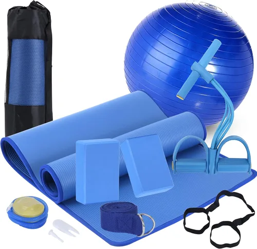 Vista 9 de Juego de esterillas de yoga para principiantes, esterilla de yoga con correa de transporte, bloques de yoga con correa de yoga, pelota de yoga