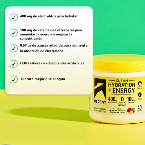 Vista 2 de Ascent Hidratación de Cítricos Plus Energía, 8.17 OZ