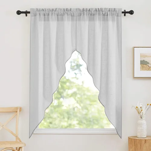Vista 24 de RYB HOME - Cortinas de café de 24 pulgadas de largo, cortinas cortas de lino traslúcidas para ventana pequeña, cortina de media privacidad con Angora