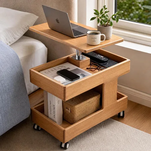 Vista 5 de Mesa de Centro de Madera Maciza 100% con Tapa Elevable y Almacenamiento, Mesita de Noche Pequeña con Ruedas y Escritorio Giratorio de 360°, Mesa