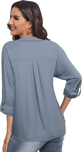Vista 2 de Lotusmile Camisas de gasa con solapa y botones para mujer, para el trabajo, oficina, negocios, casual, blusa de gasa