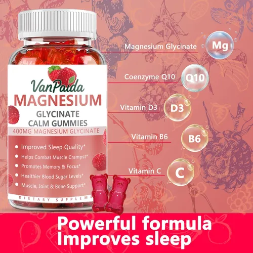 Vista 3 de Glicinato de magnesio 400 mg Gomitas, complejo de magnesio de alta absorción para mujeres, niños, adultos, ayuda para dormir, calma, relajación