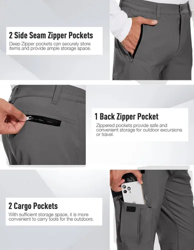 Vista 4 de PULI Pantalones de senderismo para hombre, elásticos, impermeables, de secado rápido, pantalones tácticos con bolsillos al aire libre