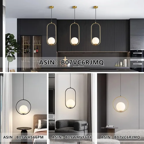 Vista 7 de KCO Moderna lámpara colgante de globo de vidrio de 1 luz, lámpara colgante dorada y blanca, iluminación colgante minimalista de latón cepillado