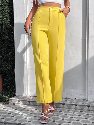 Vista 4 de Floerns Pantalones plisados de cintura alta con botones y bolsillos para mujer