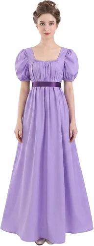 Vista 8 de Vestido de regencia para mujer, cuello cuadrado, manga abombada Verde oscuro