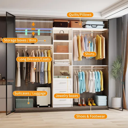 Vista 5 de Sistema de Armario con Cajones, Sistema Organizador de Armario de 5-8 Pies, Sistema de Almacenamiento de Armario Walk-in de Madera de 96