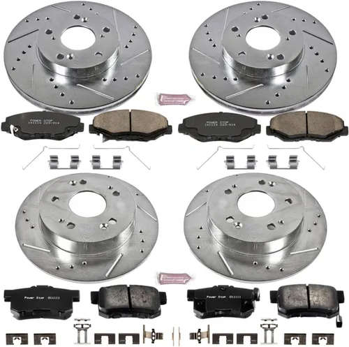 Vista 2 de Power Stop K6781 - Pastillas de freno delanteras y traseras Z23 de fibra de carbono con kit de rotores de freno perforados y ranurados para 2014