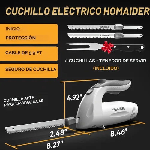 Vista 2 de Homaider - Cuchillo eléctrico para cortar carne 2 cuchillas, tenedor