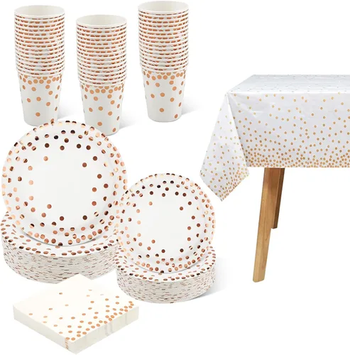 Vista 8 de hapray 201 platos de papel desechables dorados, suministros de fiesta, lunares dorados, decoraciones de cumpleaños y bautismo, incluye platos