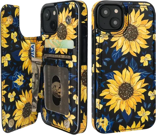 Vista 48 de HAOPINSH Funda tipo cartera con tarjetero para iPhone 14/13, diseño de Girasoles Bandera Americana