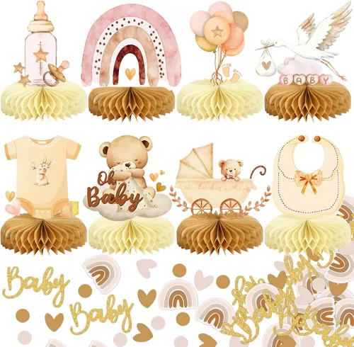 Vista 13 de 9 piezas de decoración de cumpleaños negro dorado 16 centros de mesa de panal para niños y niñas, centros de mesa de feliz cumpleaños 16 Oro negro 16