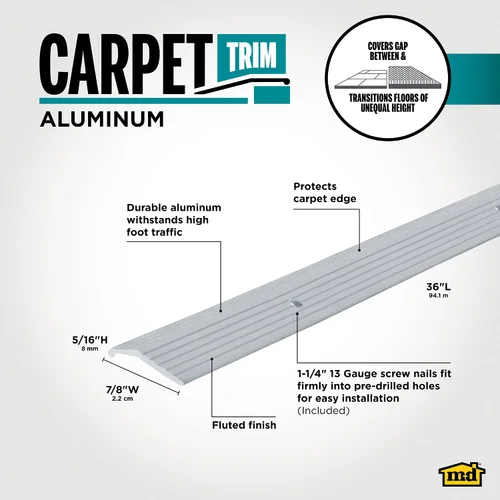 Vista 5 de M-D Building Products 78006 7/8 pulg. X 36 in. Moldura de alfombra de aluminio plateado con clavos de tornillo