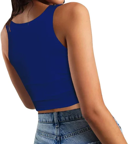 Vista 2 de SanxiawaBa Camiseta corta sin mangas sexy para mujer, con cuello redondo de doble capa, recortada