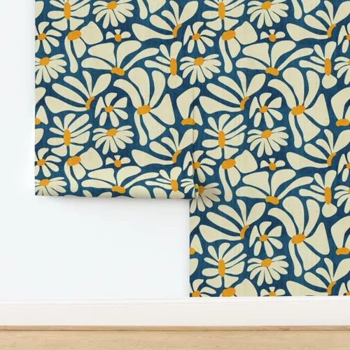 Vista 4 de Spoonflower Despegar y pegar papel tapiz Swatch - Retro Daisy Flower Power Blue Floral Vintage Groovy 70S 60S Papel pintado extraíble personalizado