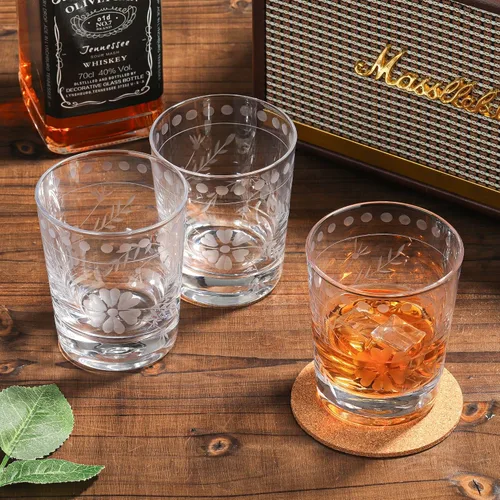 Vista 5 de Joeyan Vasos de Vidrio para Beber Grabados Soplados a Mano, Vasos de Agua de Vidrio Transparente con Patrón Floral, Juego de Cristalería Tumbler