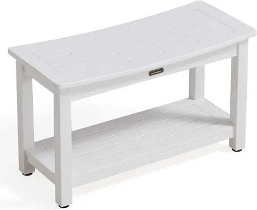 Vista 13 de KaimuBench Asiento de ducha HDPS resistente, taburete de ducha impermeable para afeitarse piernas, asiento grande de madera de polietileno con pies