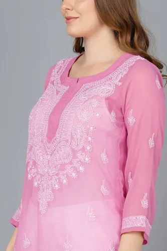 Vista 3 de Chandrakala Chikankari Kurti sintético Georgettte para mujer, semi transparente, túnica india (K161-P)