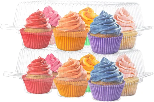 Vista 2 de Cajas de plástico para cupcakes 6 compartimentos – Paquete de 42 Soporte desechable de docena de magdalenas con tapa a granel Cajas apilables