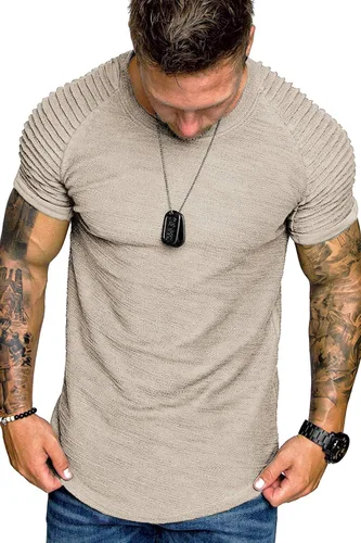 Vista 3 de COOFANDY - Camiseta muscular para hombre, camiseta de manga raglán plisada para culturismo, camisetas a la moda de manga corta para entrenar
