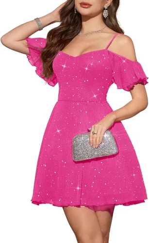 Vista 19 de Meetjen Vestido de cóctel formal brillante acampanado para mujer, vestido Azul marino