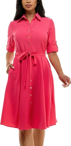 Vista 8 de Sharagano Vestido camisero plisado para mujer, manga 3/4, cuello en V, botones dorados Acacia