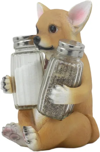 Vista 2 de Ebros Picante - Juego de figuras de taza de té de color marrón claro, chihuahua con collar, salero y pimienta, 6.25 pulgadas de alto, Chi Chi Taco